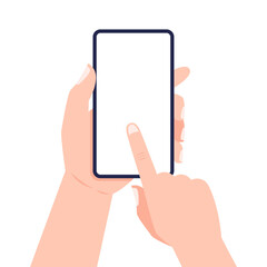 Mobile phone in female hand. Hand holding smartphone and touching screen. Vector illustration.