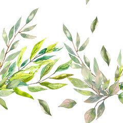 Watercolor illustration. Seamless pattern in the style of greenery from leaves, branches and laurel. Seamless design for fabric, paper, background.