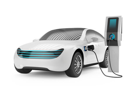 Electric car next to the charging station. 3d render on white background.