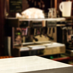 Desk of free space and cafe interior 