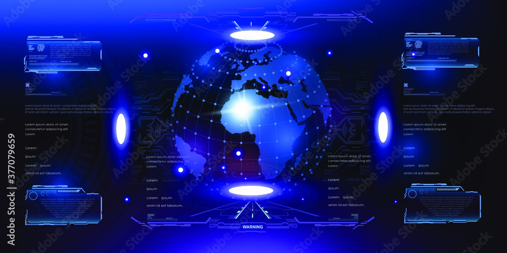 Poster glowing blue ball of planet earth. futuristic cyber background of user interface with hud, gui eleme