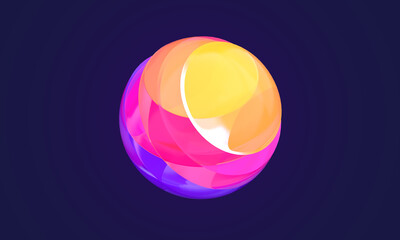 Multicolored split abstract sphere with yellow, pink, blue and purple elements on dark blue background