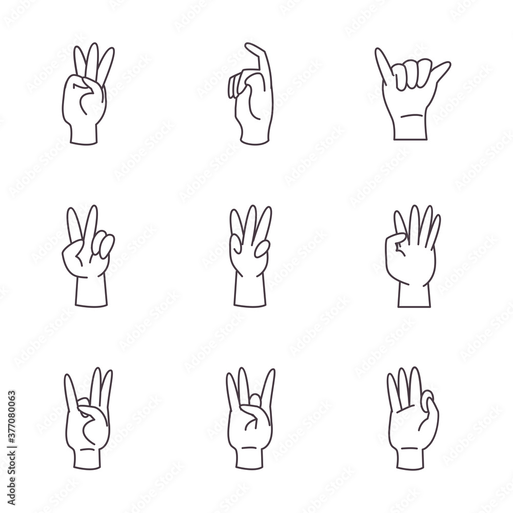 Poster hand sign language alphabet line style icons collection vector design