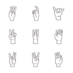 hand sign language alphabet line style icons collection vector design