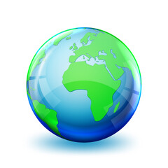 Earth globe icon. 3D globe. Glossy world map.