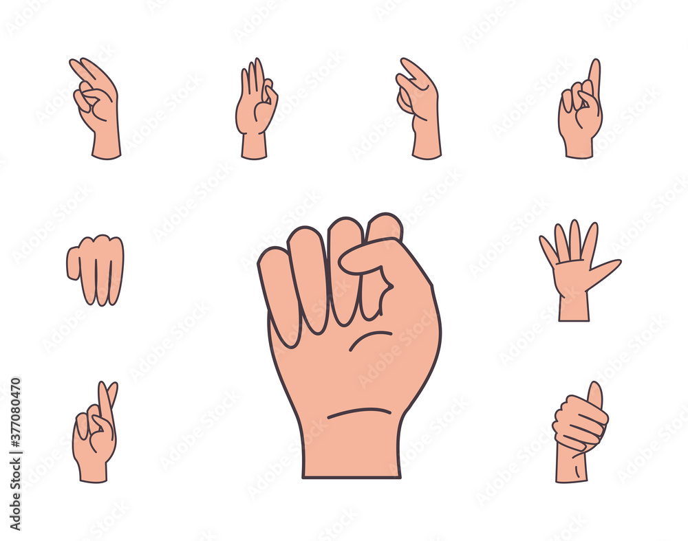 Poster hand sign language alphabet line and fill style set icons vector design