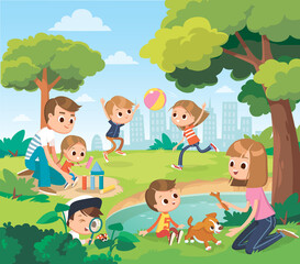 Fototapeta na wymiar Vector portrait of happy family members relax rest play outdoors in the park doing summer activities.Parents with children spend weekend together, mother, father and children having fun on playground.