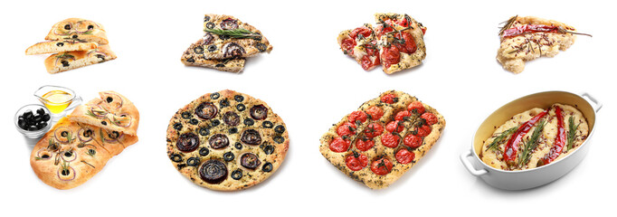 Different kinds of Italian focaccia on white background