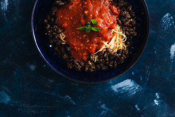 plant-based food, spaghetti with tomato sauce and black beans