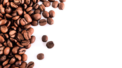 A background of coffee beans scattered on the left side.  White space on the right, space for text.