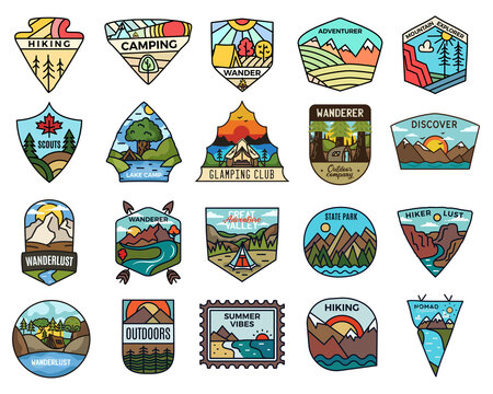 Camping adventure badges logos set, Vintage travel emblems. Hand drawn stickers designs bundle. Discover, state park, scouts labels. Outdoor camper insignias. Logotypes collection. Stock vector.