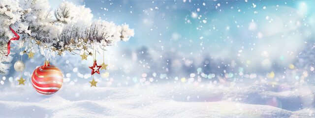 Beautiful winter Christmas scene nature panorama with snowdrifts and holiday lights. Snow-covered...