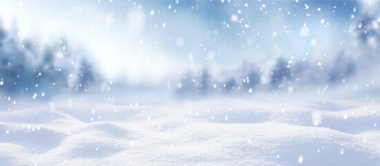 Beautiful winter background of snow and blurred forest in background, Gently falling snow flakes...