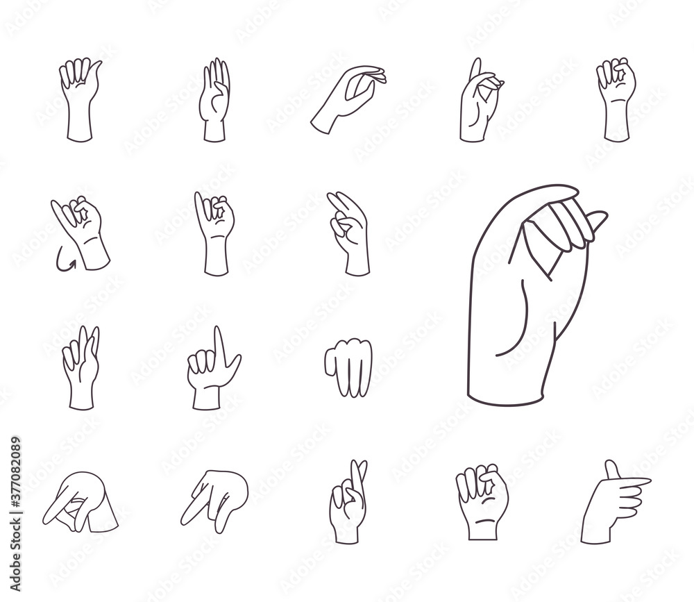 Poster hand sign language alphabet line style set of icons vector design