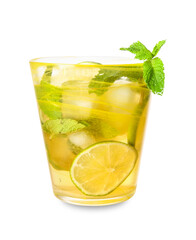 Glass of tasty cold ice tea on white background