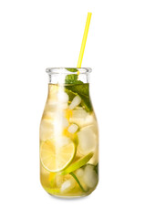 Bottle of tasty cold ice tea on white background