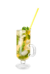 Cup of tasty cold ice tea on white background