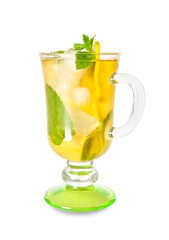 Cup of tasty cold ice tea on white background