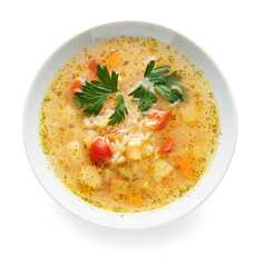 Bowl of tasty rice soup on white background
