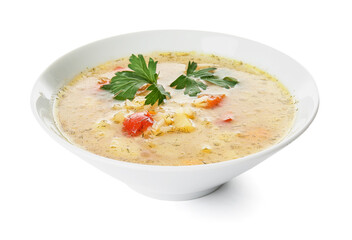 Bowl of tasty rice soup on white background