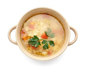 Pot of tasty rice soup on white background