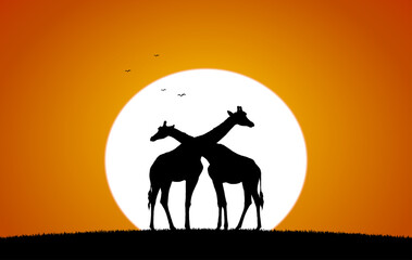 Vector Two Giraffe against the setting sun. Silhouette