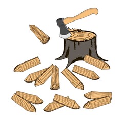 Ax in the stump, chopped firewood. Colorful art design elements hand drawn stock vector illustration for web, for print