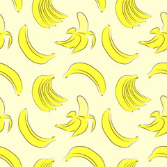 Vector illustration: Seamless pattern of bananas on light yellow background. Line design
