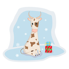 Cute cartoon bull with gifts. Symbol of 2021. New Year and Christmas mascot. Snowflakes. Vector