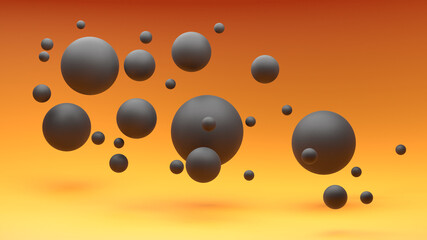 3d ominous black spheres floating against a fiery orange background