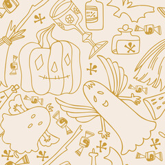 Obraz premium Vector abstract seamless pattern of lined Halloween pumpkins, ghosts, bats and grails in pastel brown colors. The design is perfect for decorations, textiles, costumes, backgrounds, wrapping paper