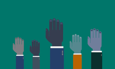 Raised hands in suits long sleeve voting or question Flat vector illustration
