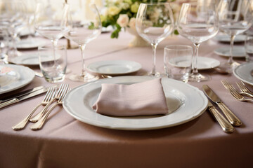 elegant table setting in restaurant for wedding party.