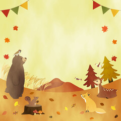 秋の動物たちの可愛いメッセージカード Wall Mural Wallpaper Murals Senryu