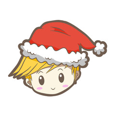 Cute cartoon Christmas boy with red hat, icon emoji element on white silhouette. Decoration for logo, card and any design. Vector illustration about holiday.