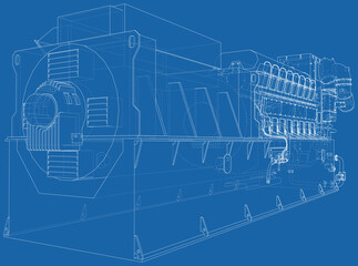 Generator. Diesel and gas industrial electric generator. The layers of visible and invisible lines are separated. Wire-frame outline.