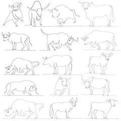 vector, isolated, continuous line drawing, sketch bull, set