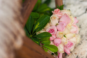 Wedding bouquet of pink and white roses in Tropical Paradise. Dominican Republic, Seychelles, Caribbean, Mauritius, Philippines, Bahamas. Relaxing on remote Paradise beach.