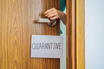 Coronavirus covid-19 quarantine sign at Front door, quarantine sign at home