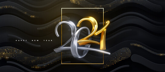Elegant numbers 2021. Holiday vector illustration. Golden and silver characters. Modern 3d calligraphy on black papercut background with glitters. Happy New 2021 Year. Festive banner or sign design.