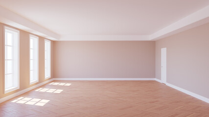 Empty Sunlit Interior with Parquet Floor, Three Large White Windows, Beige Walls and White Door, 3d render
