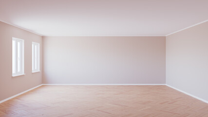 Obraz premium Empty Interior with Parquet Floor, Two Windows, Beige Walls and White Plinth, 3d render 