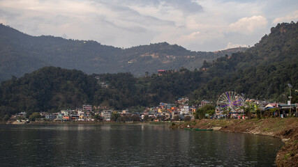 Fototapeta na wymiar View over a part of Pokhara city by the lakeside in Nepal