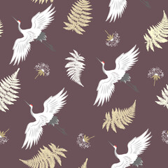 Seamless vector illustration with birds cranes and fern leaves