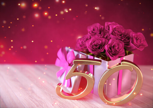 birthday concept with pink roses in gift on wooden desk. fiftieth birthday. 50th. 3D render