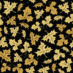 Hand drawn seamless vector pattern with gold pumpkin leaves for fabric, wrapping paper or wallpaper. Autumn background with maple leaves. Holiday Halloween pattern