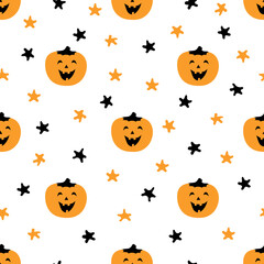 Cute colorful pattern with pumpkin and stars. Halloween vector illustration great for festive background, decoration, cards, wallpaper, digital paper, wrapping, prints, fabrics, textile designs, etc.