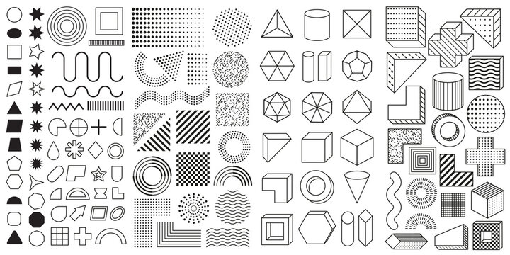 Set of 100 geometric shapes. Mega set of memphis design elements, template for your project. Collection trendy halftone vector geometric shapes.