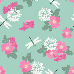 Seamless vector illustration with flowers of wild rose, agapanthus and dragonfly