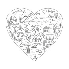 The love of tourism. Heart shape. Journey. Valentine's card.